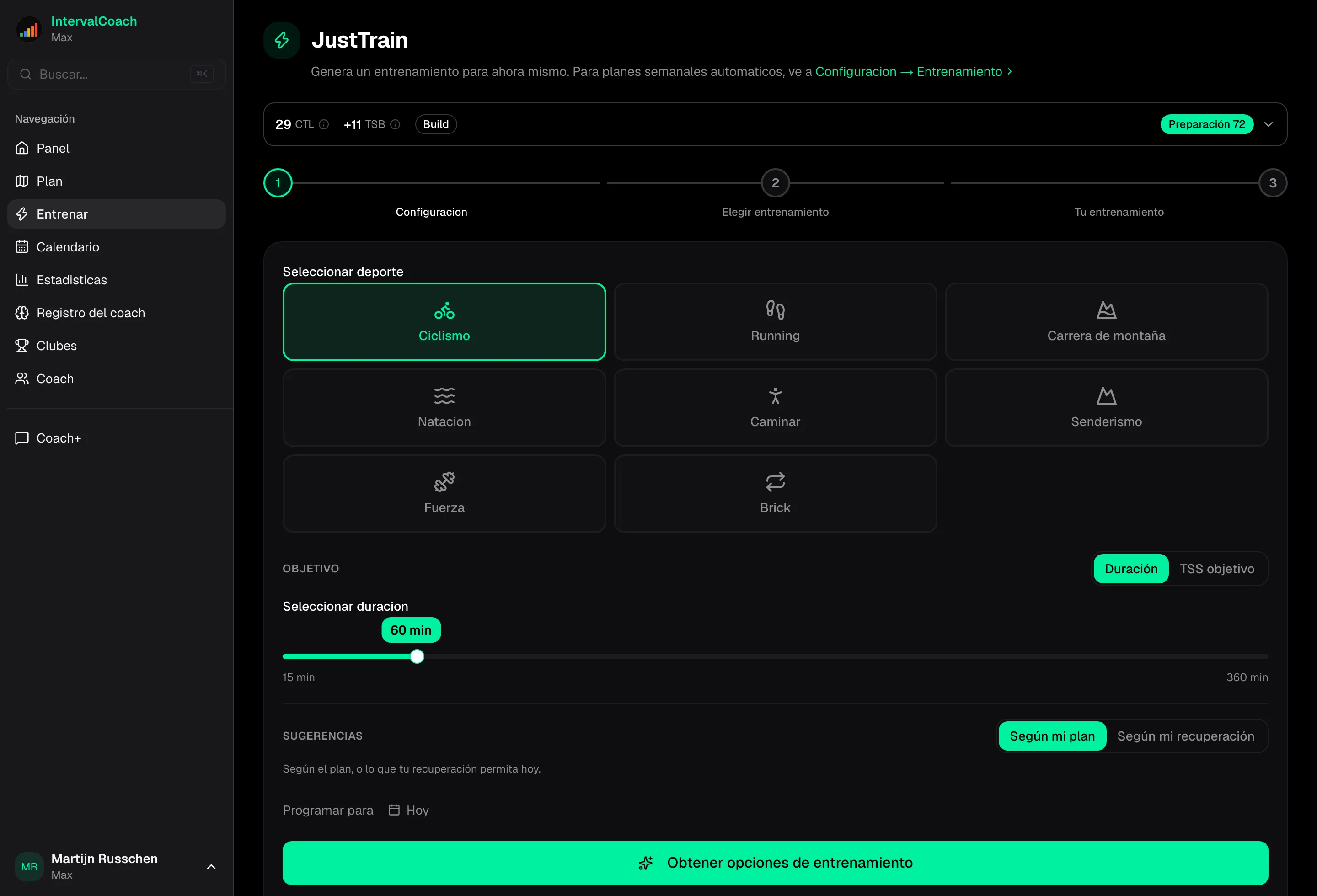JustTrain workout generation interface