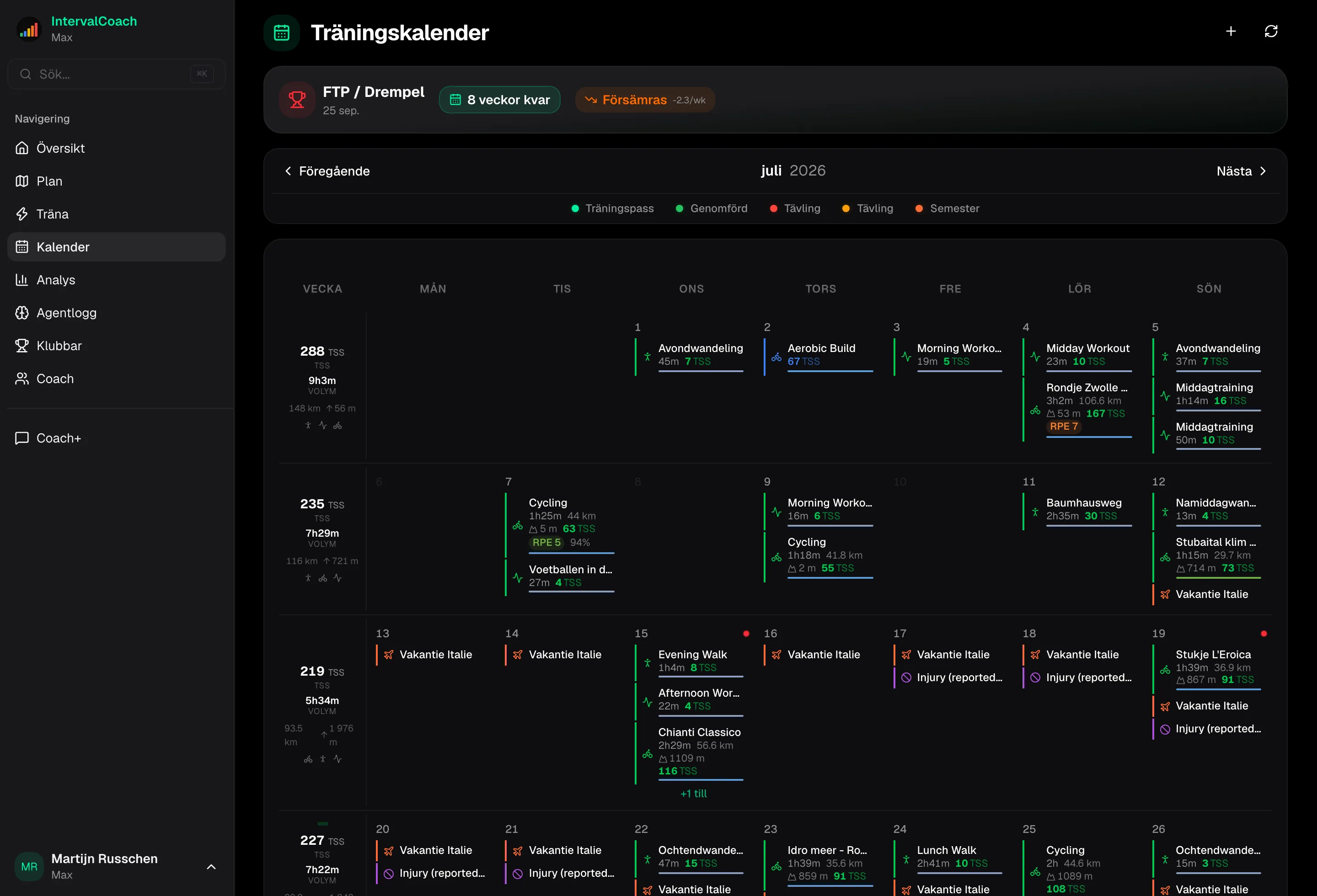 Calendar view showing weekly training plan