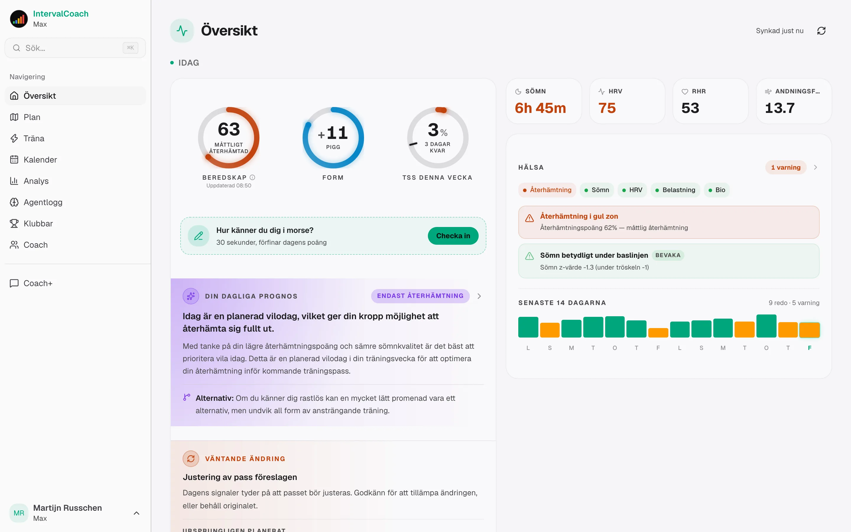 IntervalCoach Dashboard showing AI coaching insights, readiness metrics, and today's training plan