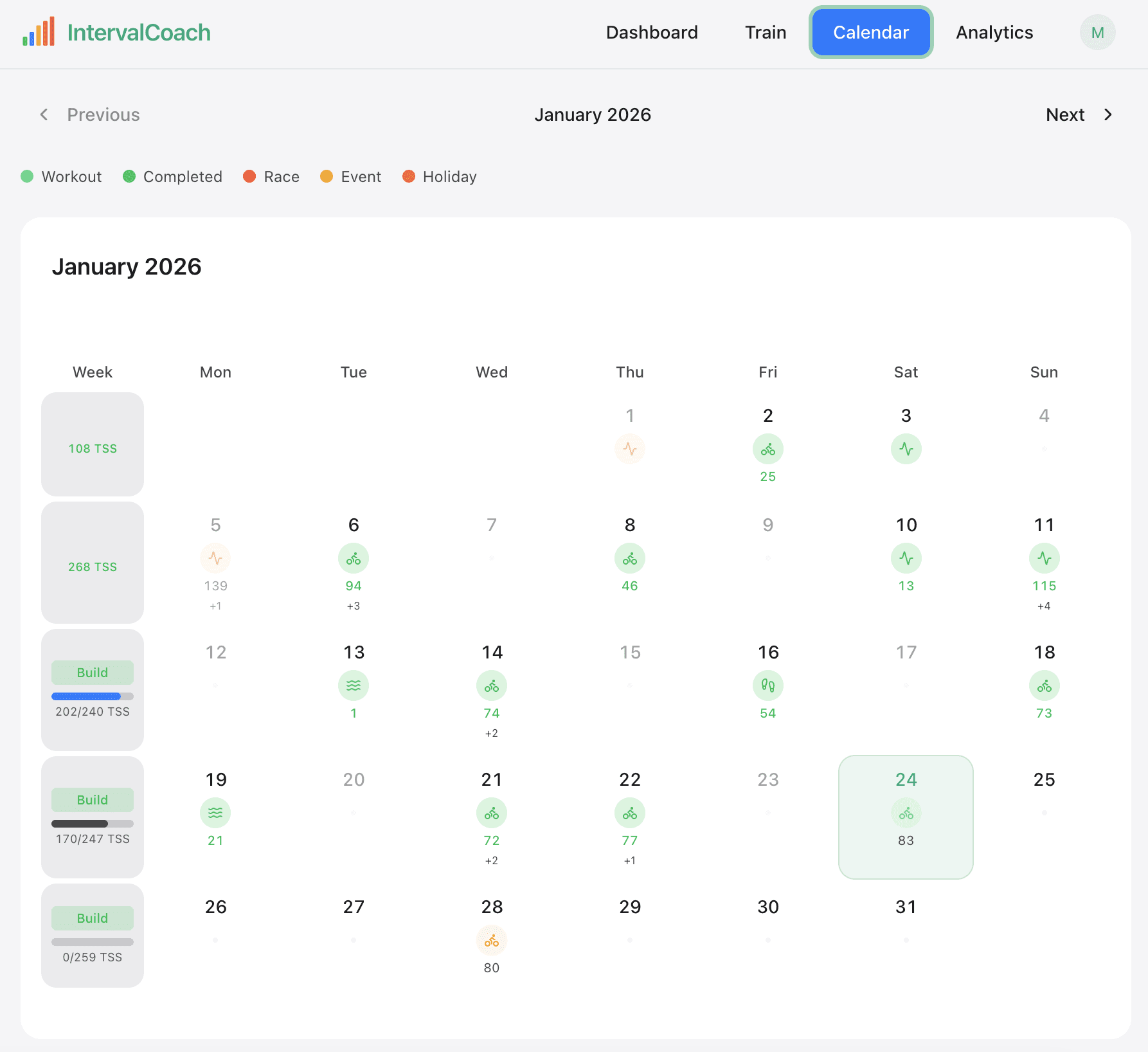 Calendar view showing weekly training plan