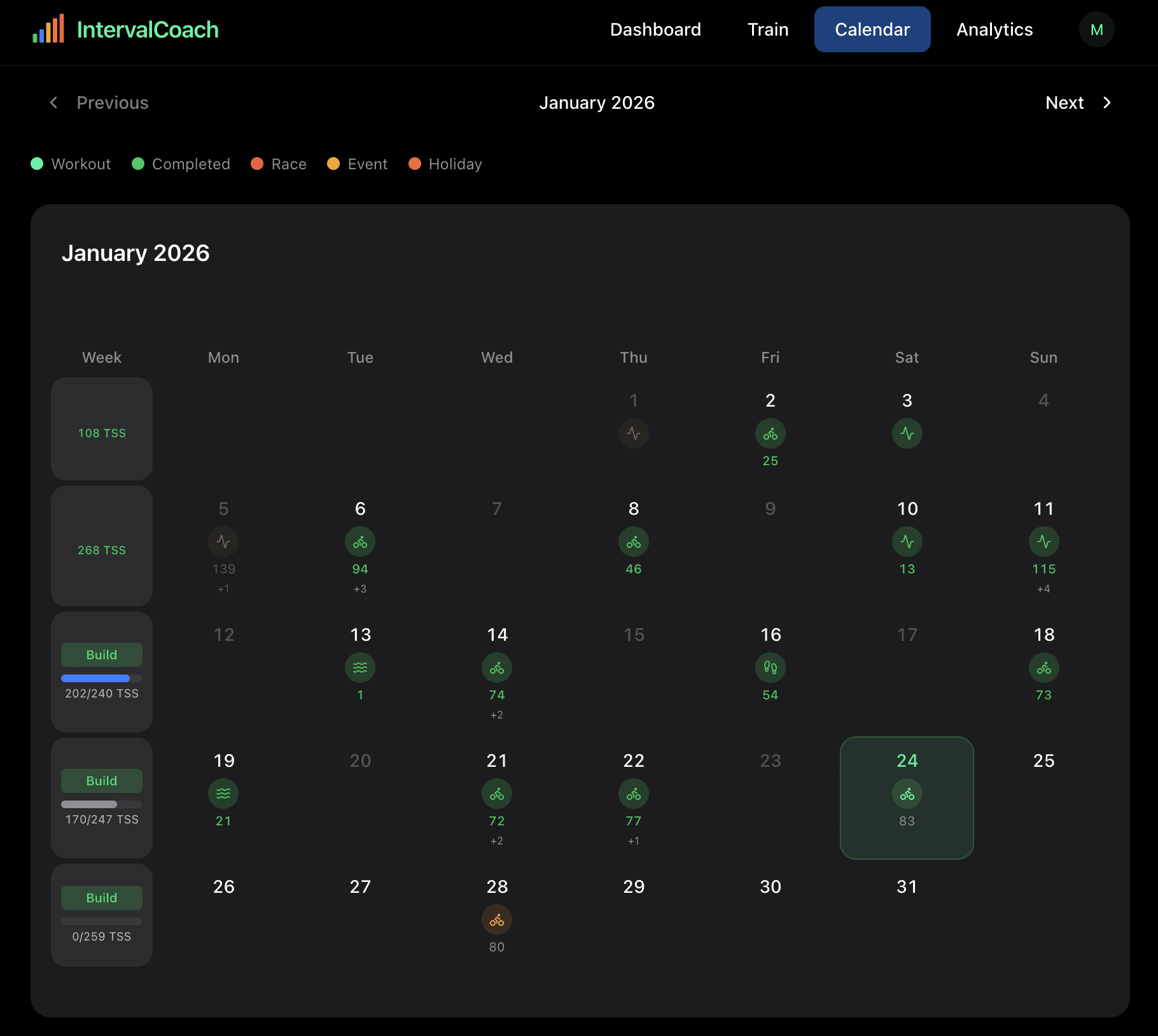 Calendar view showing weekly training plan