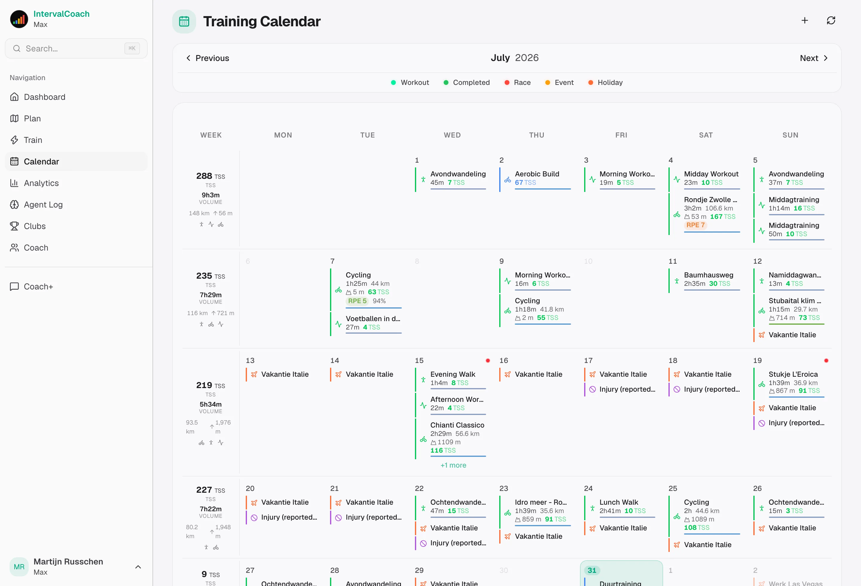 Calendar view showing weekly training plan
