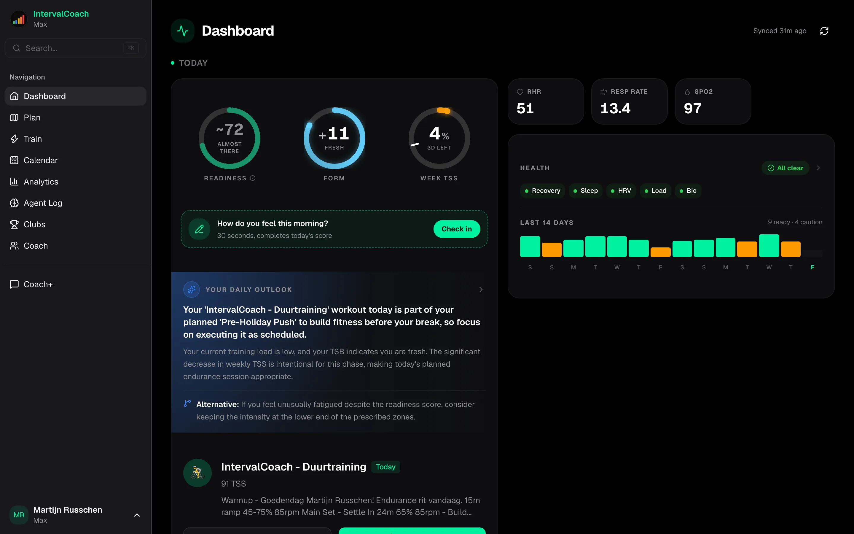 IntervalCoach Dashboard showing AI coaching insights, readiness metrics, and today's training plan