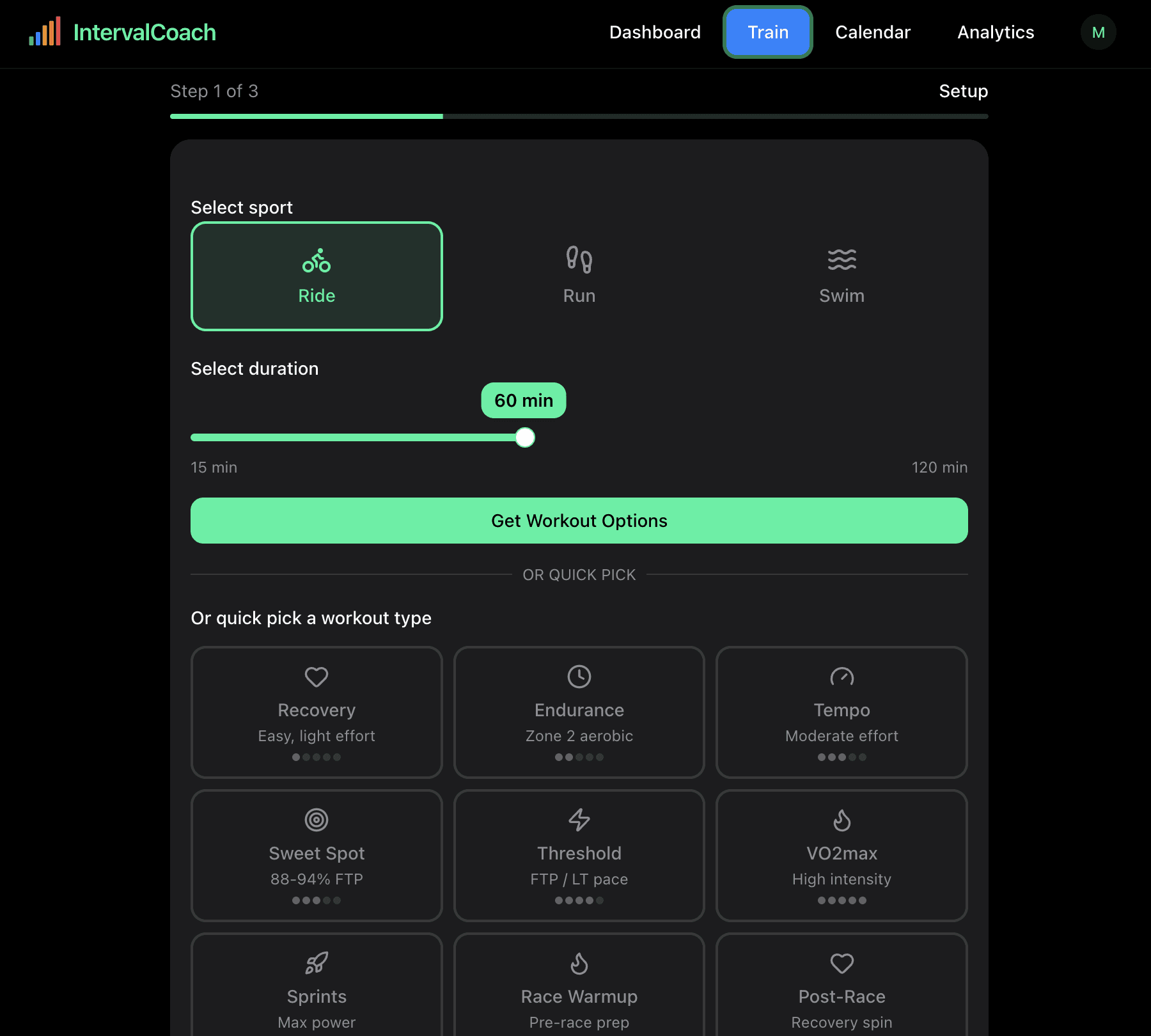 JustTrain workout generation interface