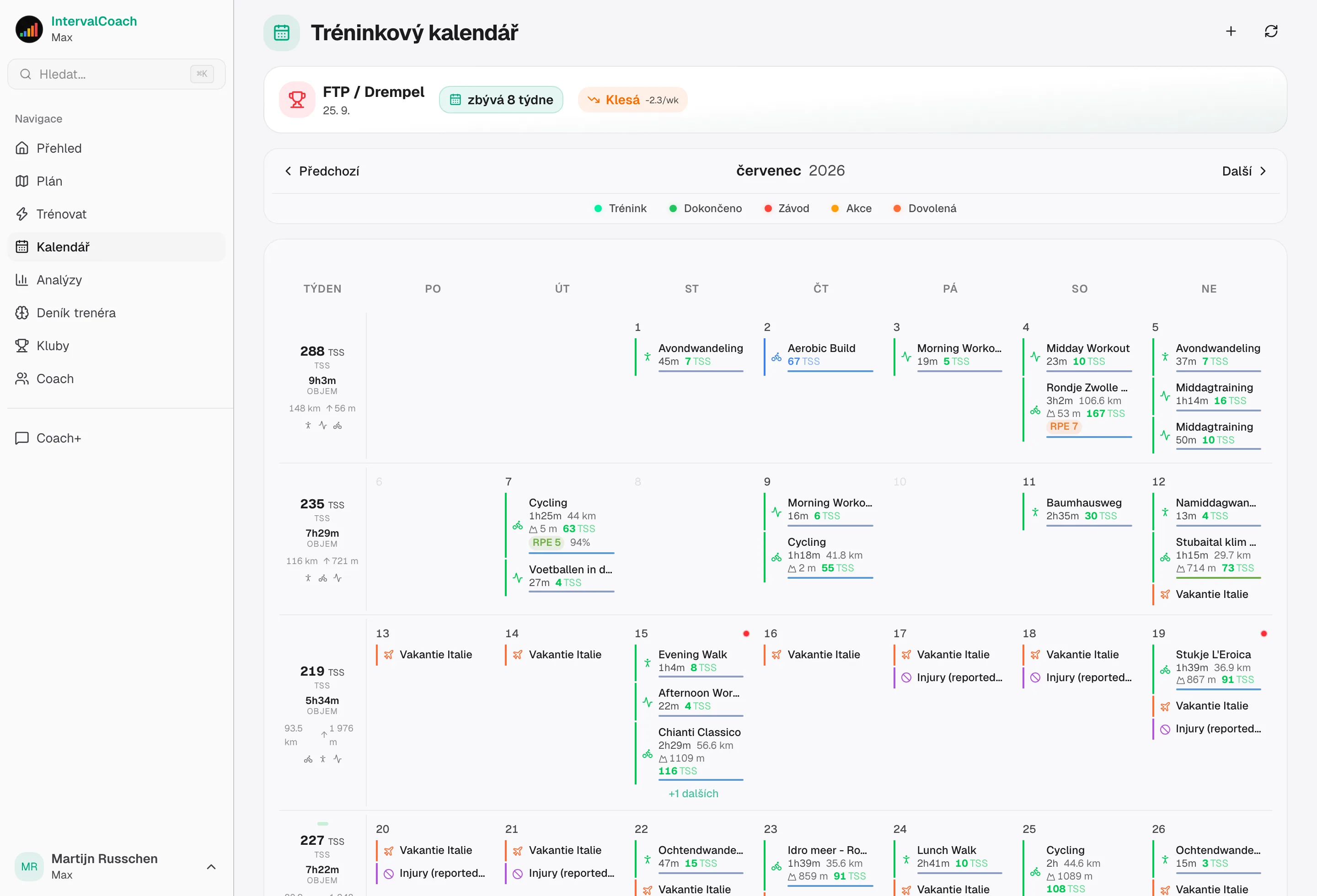 Calendar view showing weekly training plan