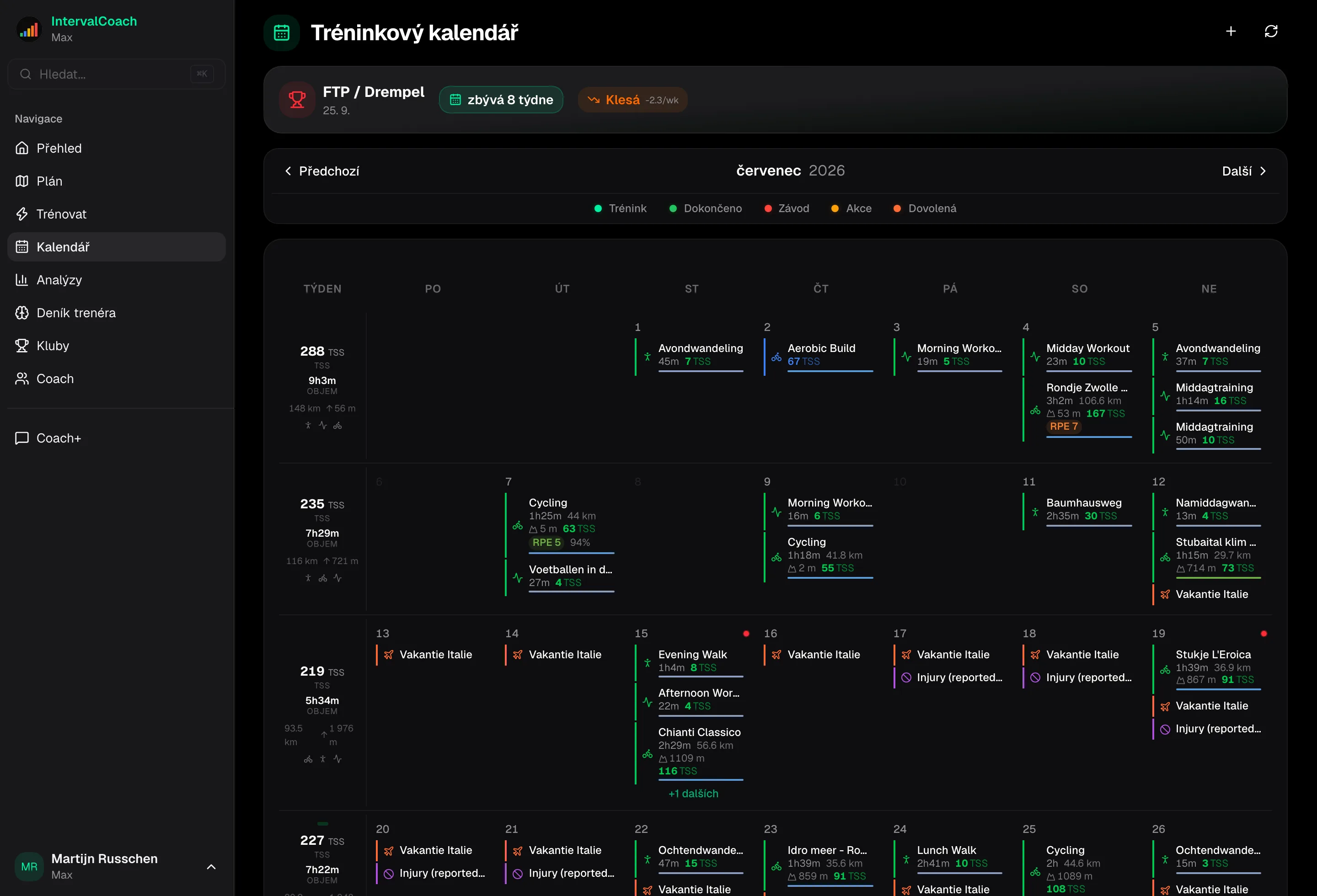 Calendar view showing weekly training plan