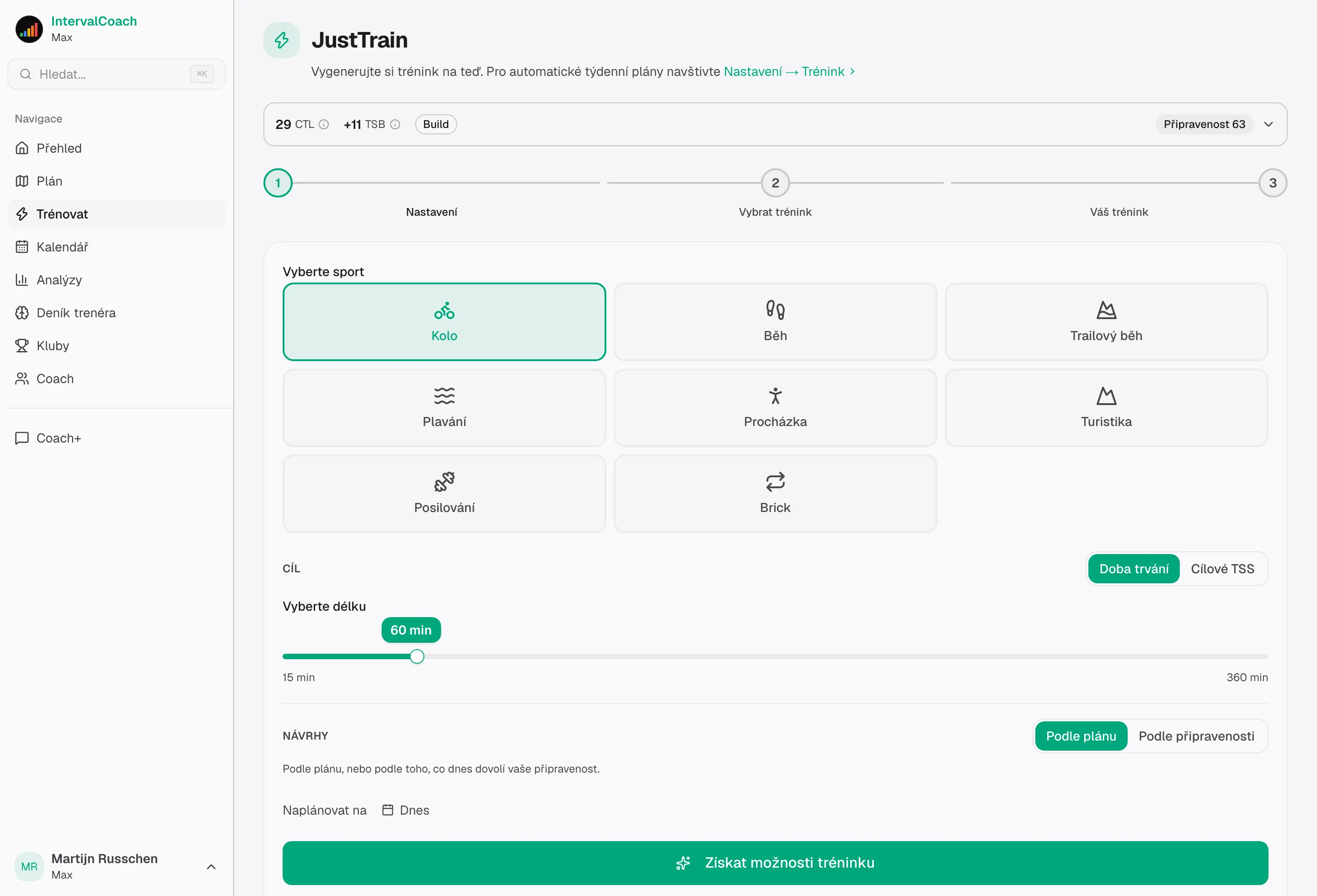 JustTrain workout generation interface