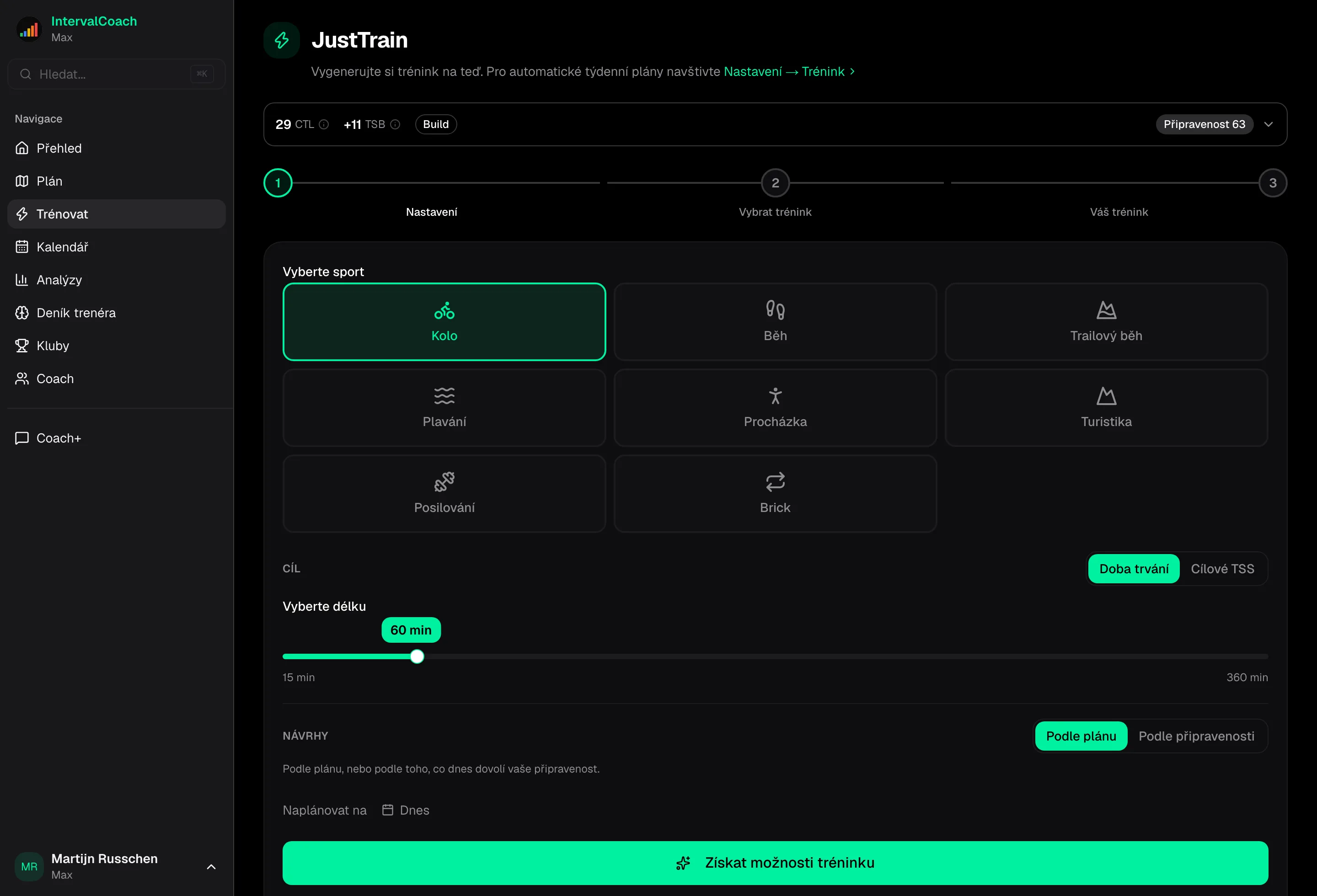 JustTrain workout generation interface