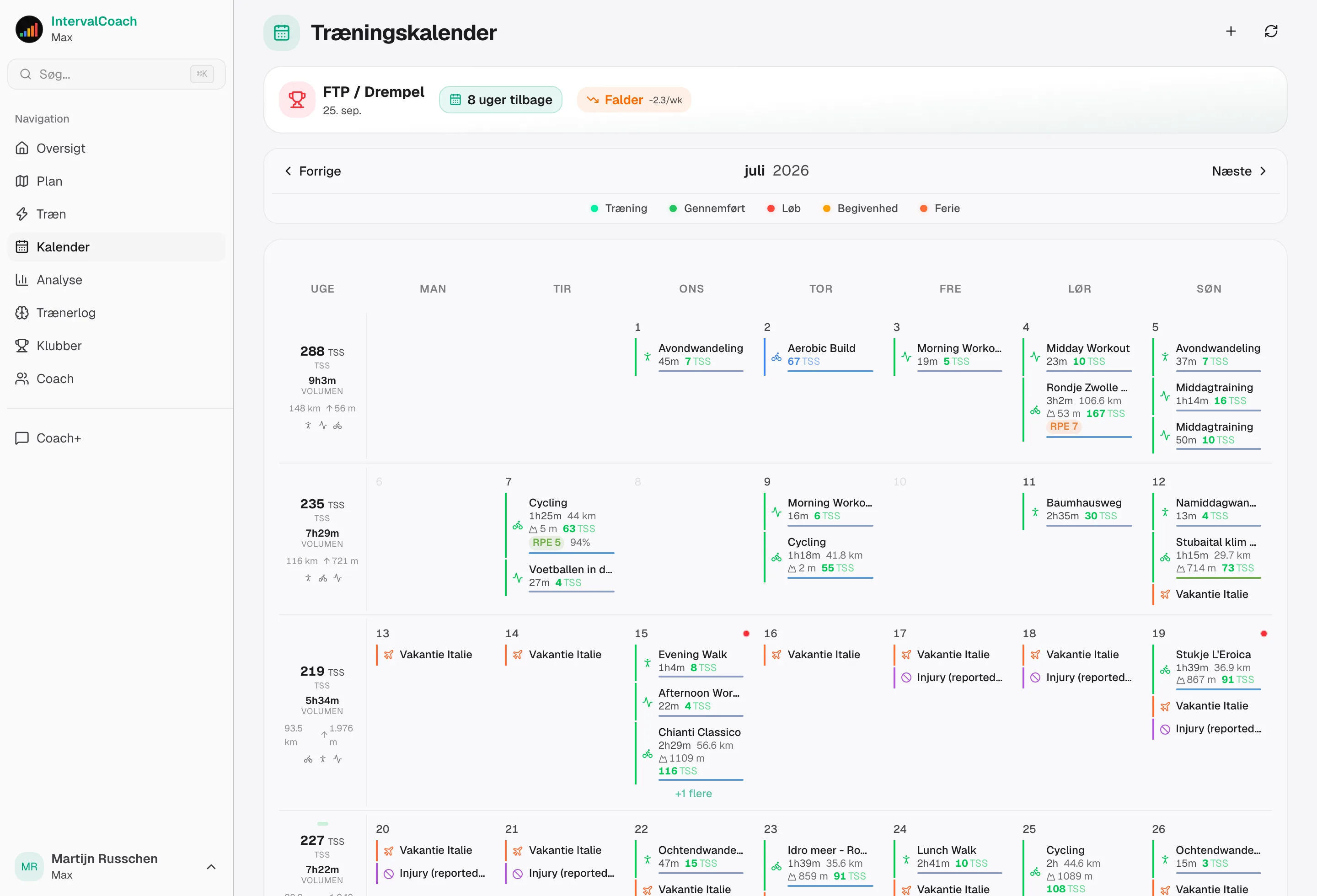 Calendar view showing weekly training plan