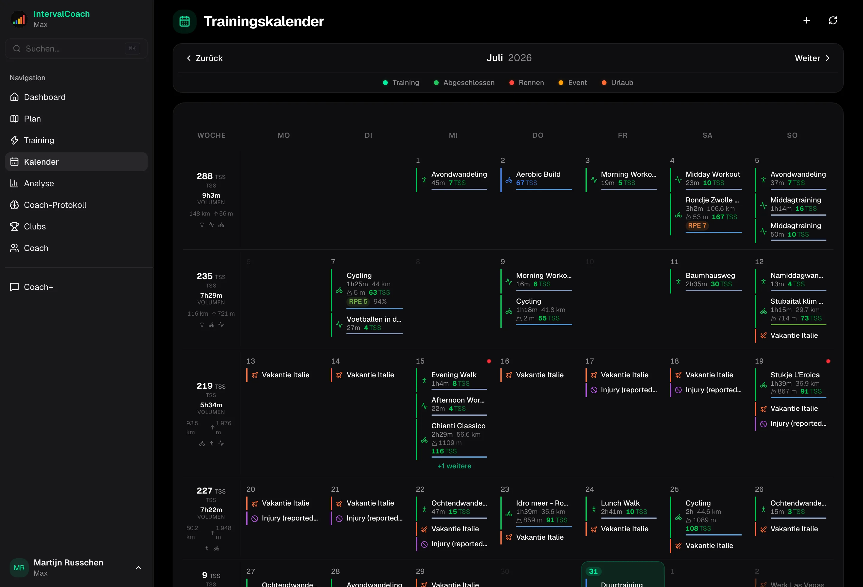 Calendar view showing weekly training plan