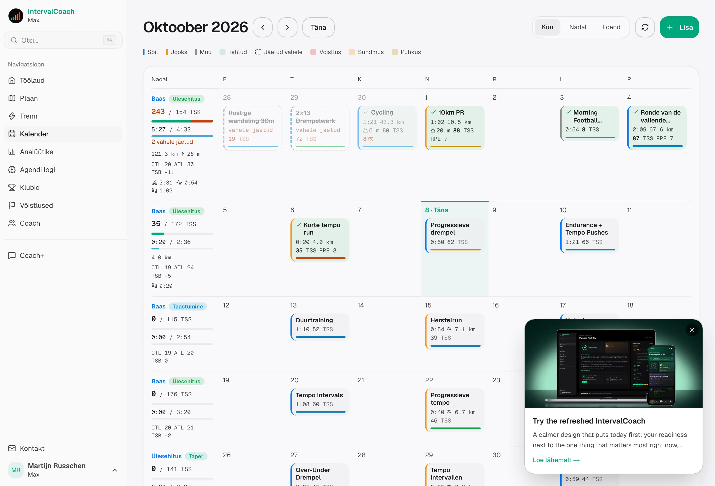 Kalender struktureeritud trennidega, mis on planeeritud nädalateks ette
