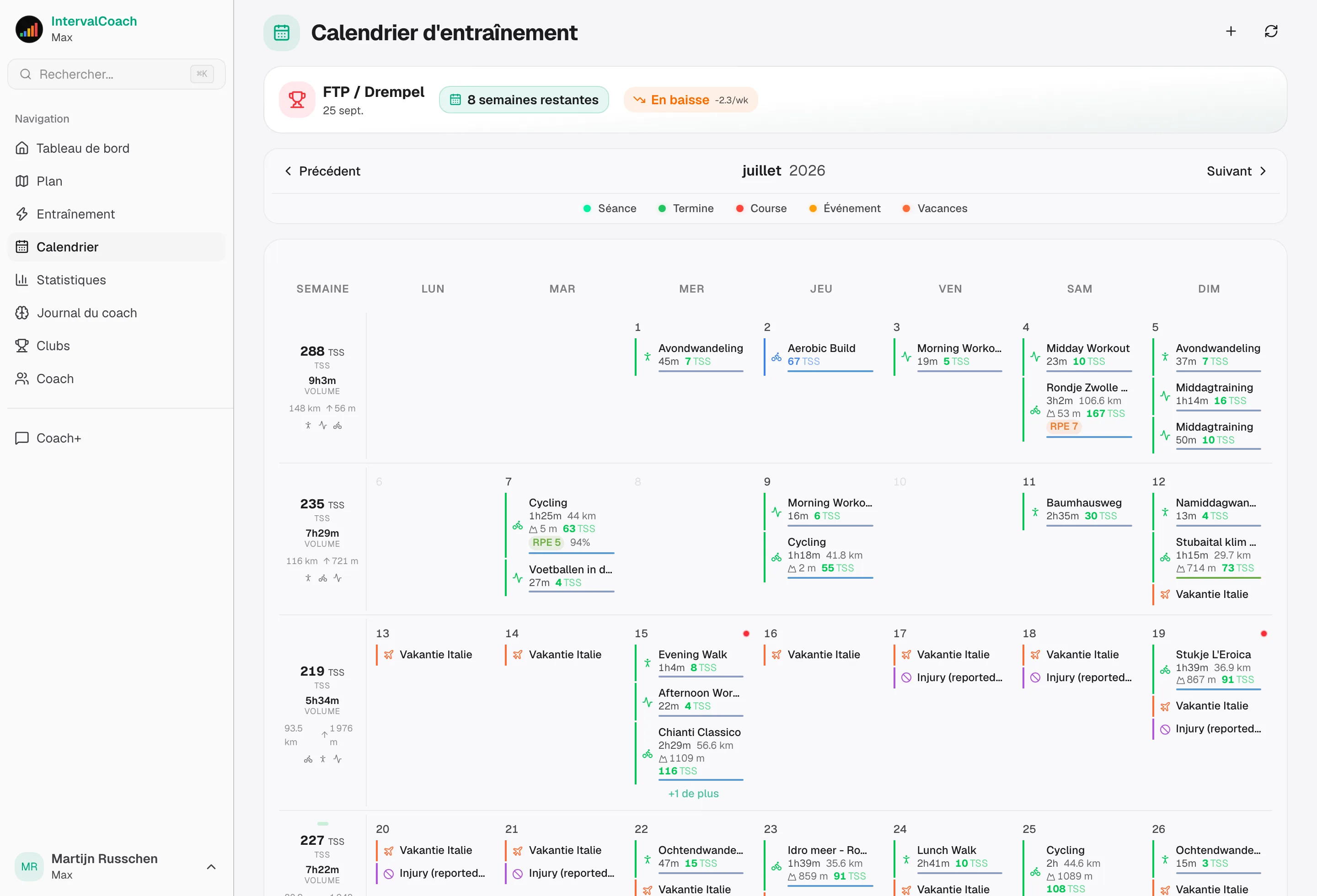 Calendar view showing weekly training plan