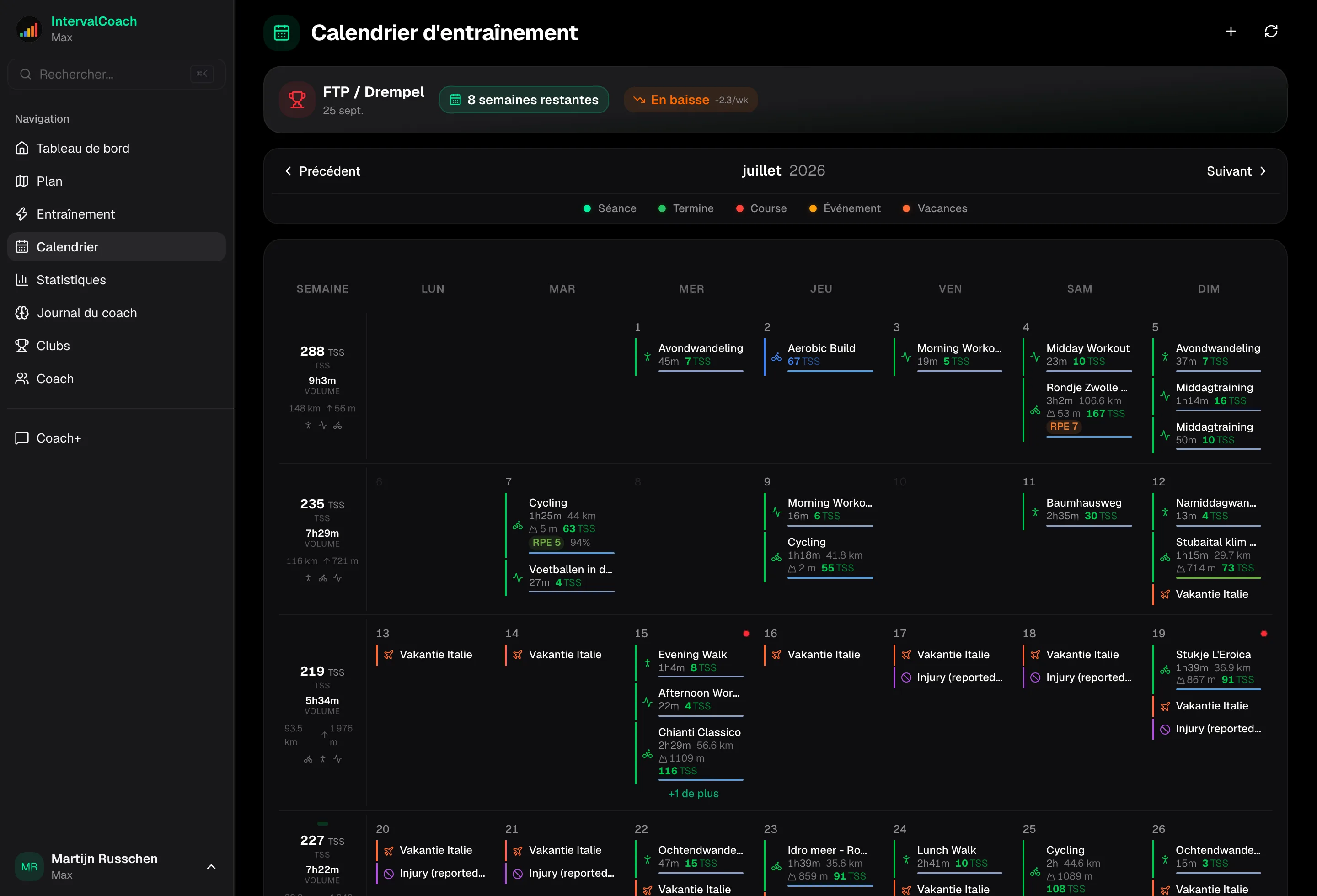 Calendar view showing weekly training plan