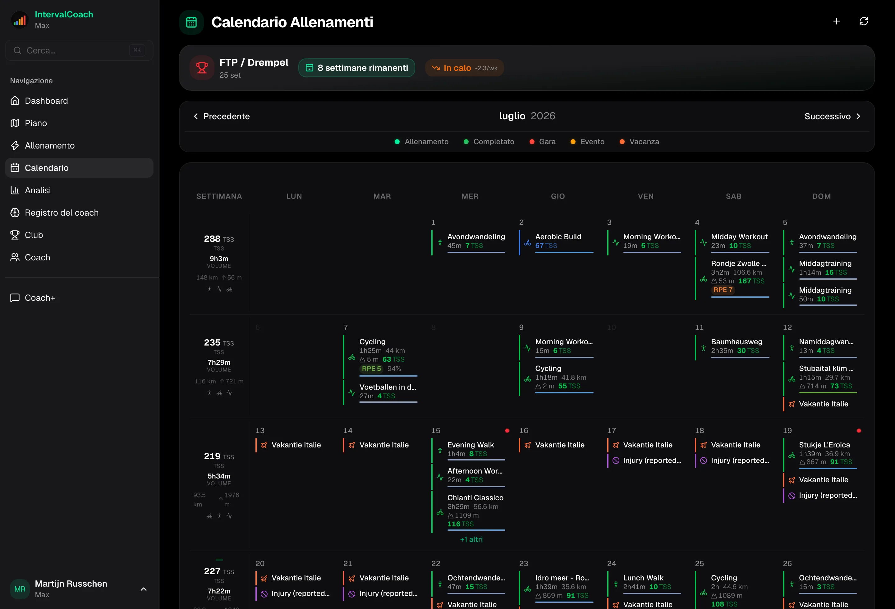 Calendar view showing weekly training plan
