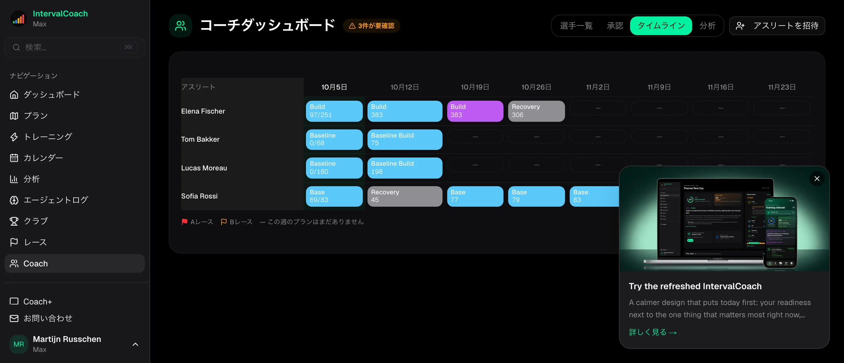 チームタイムライン:全アスリートの今後の週を並べて表示