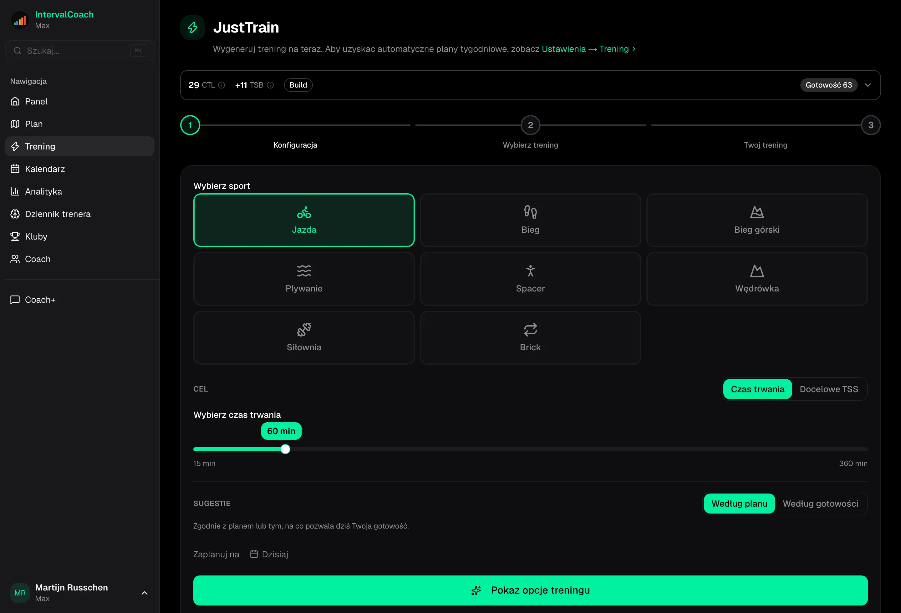 JustTrain workout generation interface