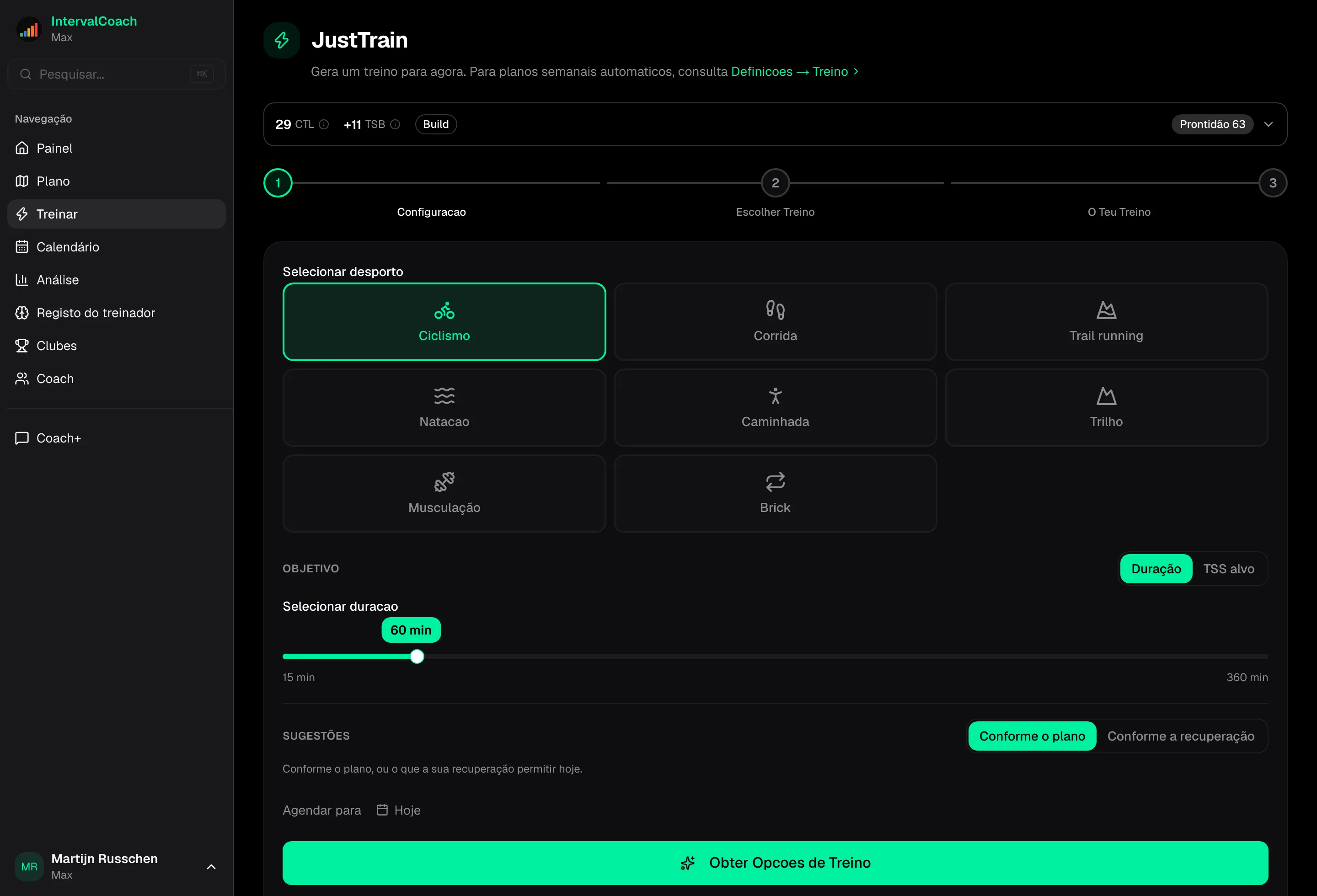 JustTrain workout generation interface