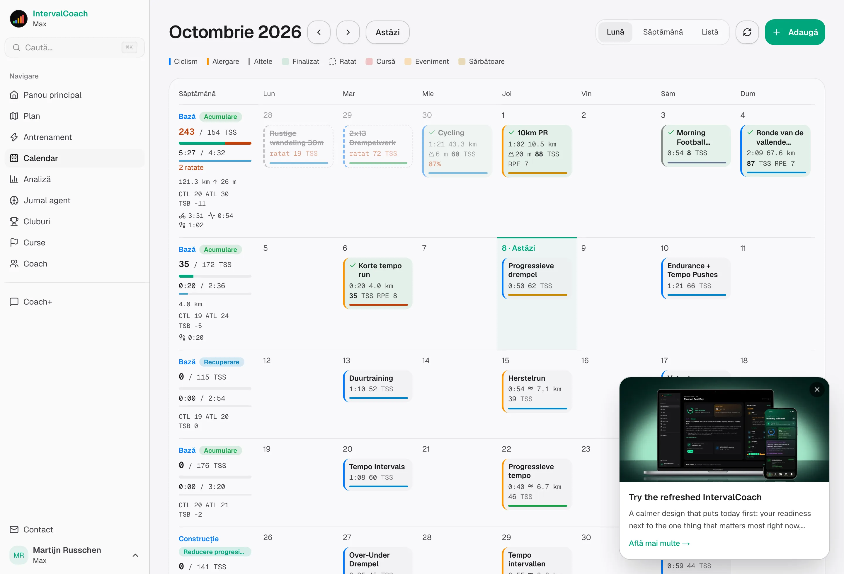 Calendarul cu antrenamente structurate planificate cu săptămâni înainte