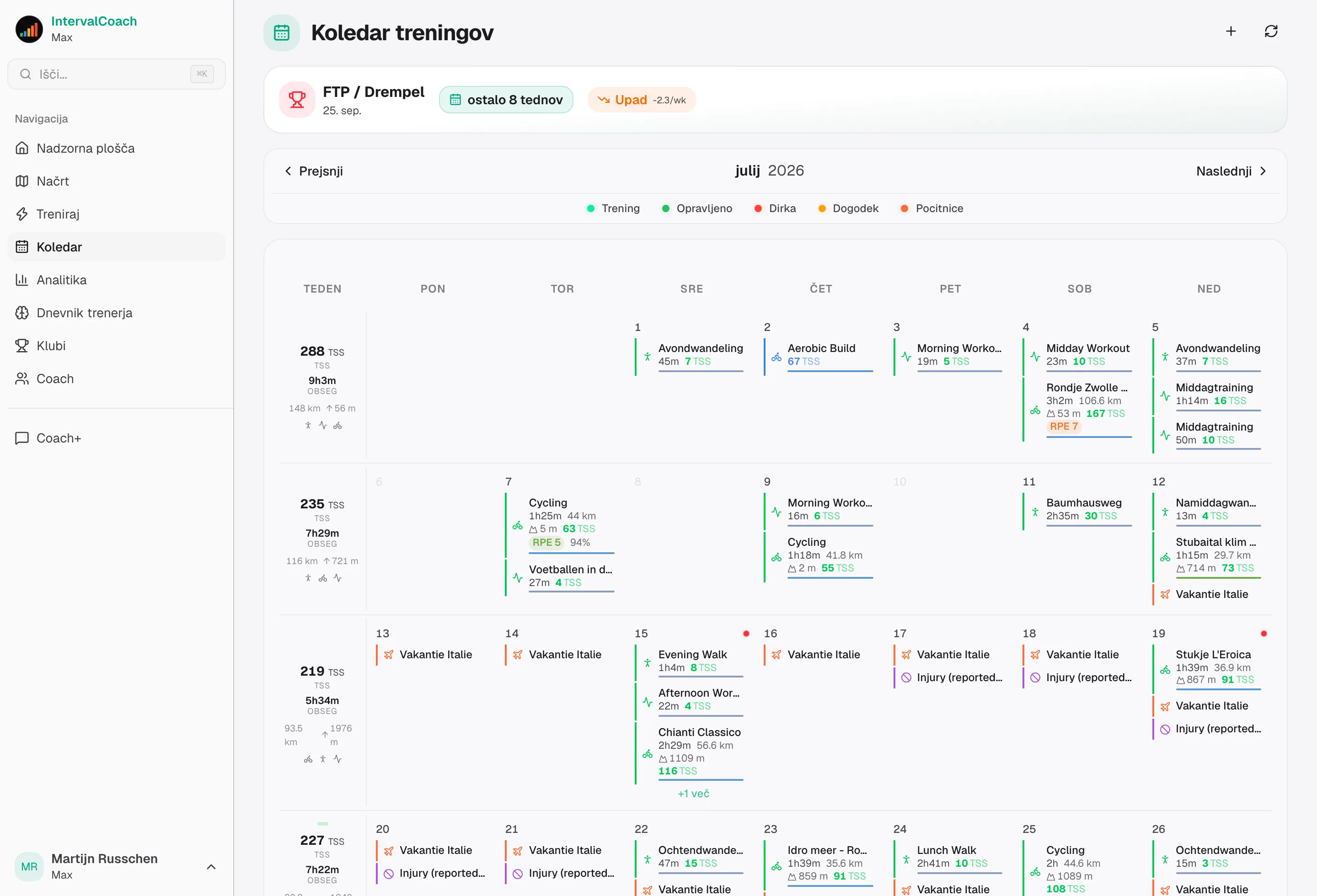 Calendar view showing weekly training plan