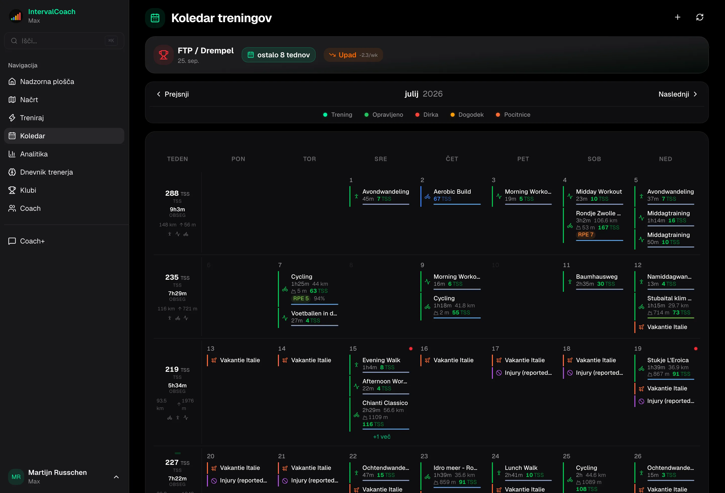 Calendar view showing weekly training plan