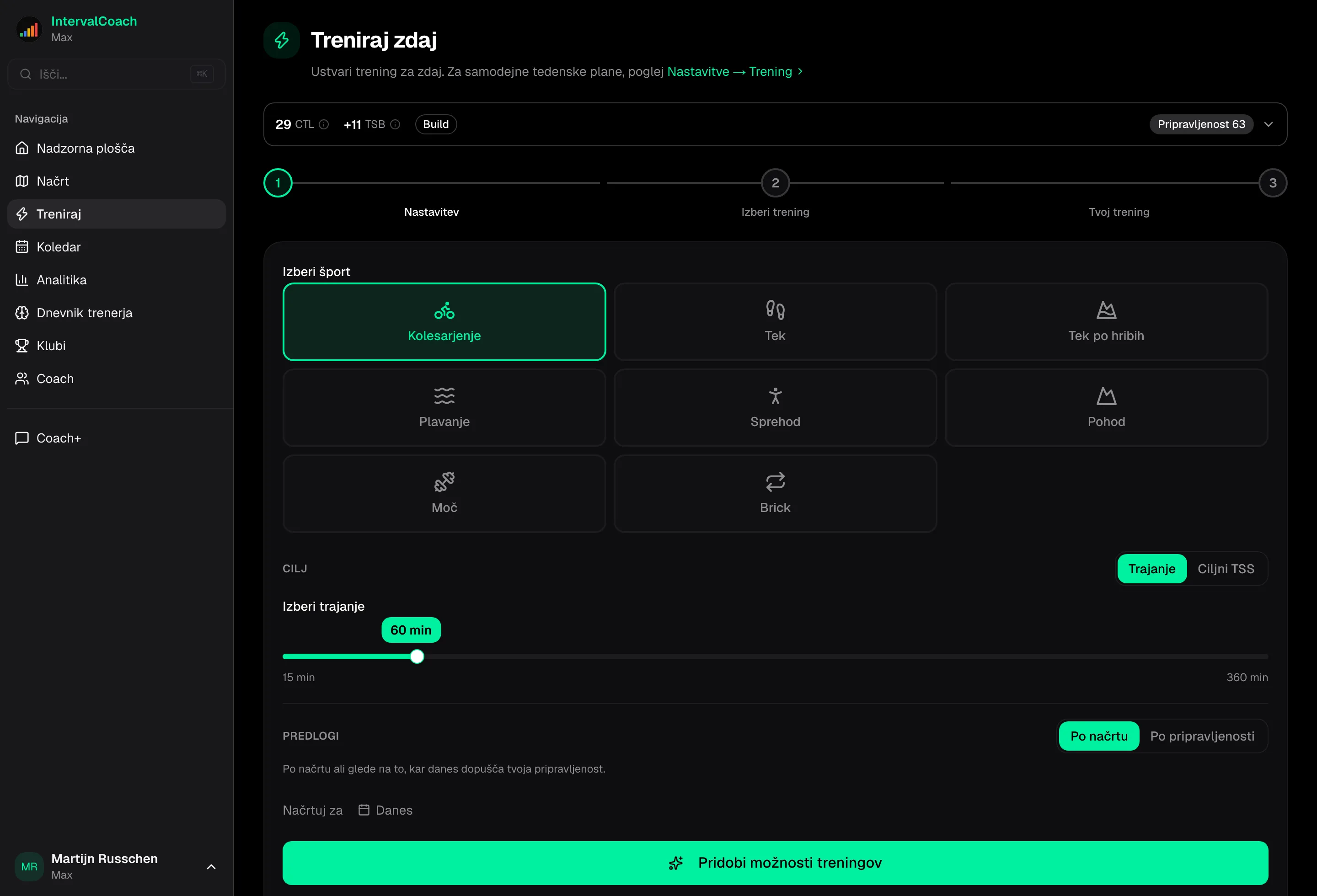 JustTrain workout generation interface